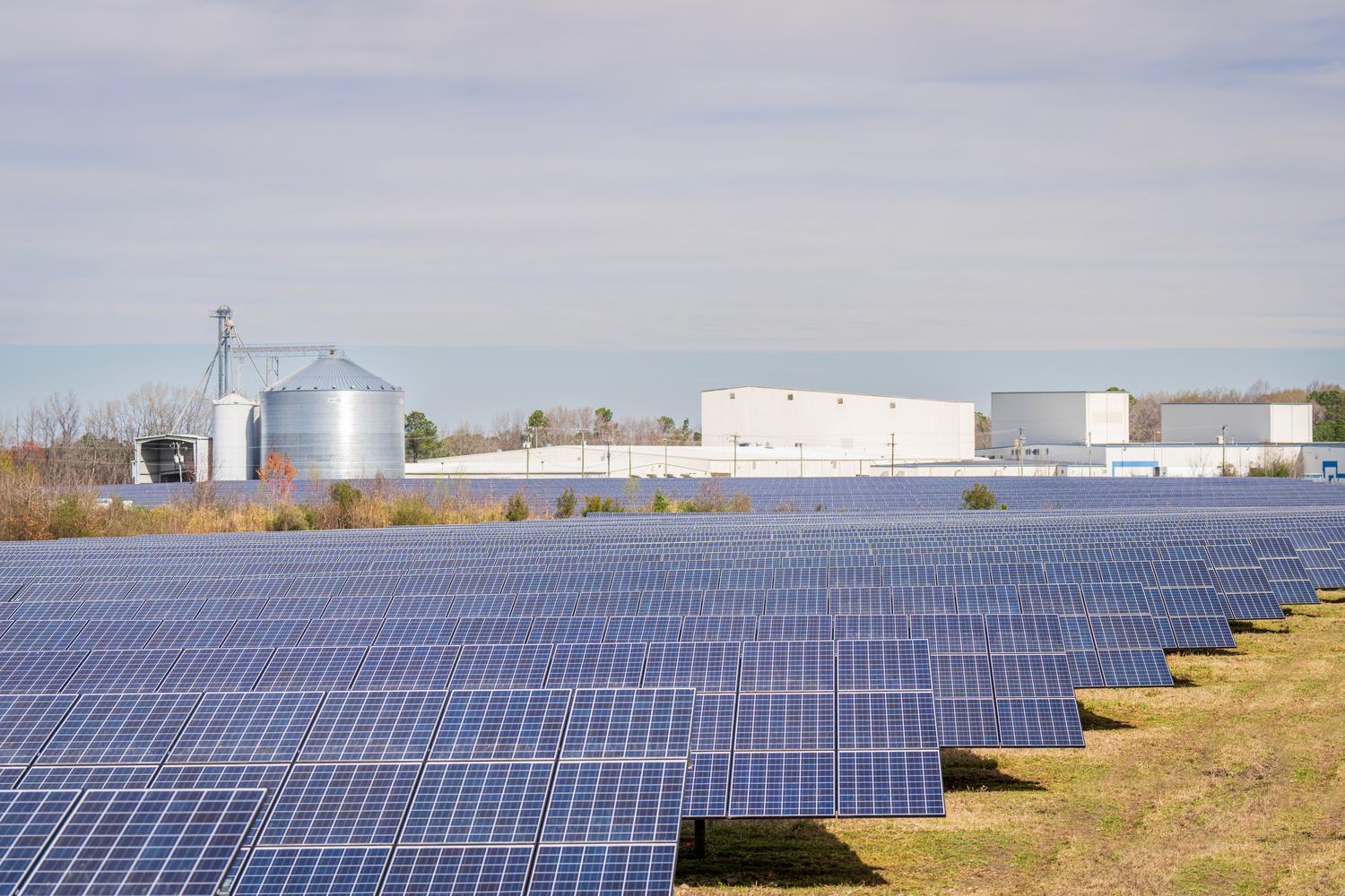 Gran parque solar fotovoltaico junto a naves industriales y silos, representando la rentabilidad por economías de escala. Gran parque solar fotovoltaico junto a naves industriales y silos, representando la rentabilidad por economías de escala.