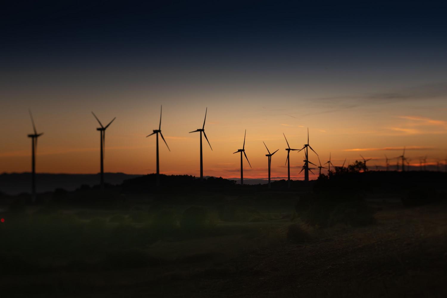 Siluetas de aerogeneradores al atardecer, simbolizando la diversificación del mix energético para optimizar el ROI.