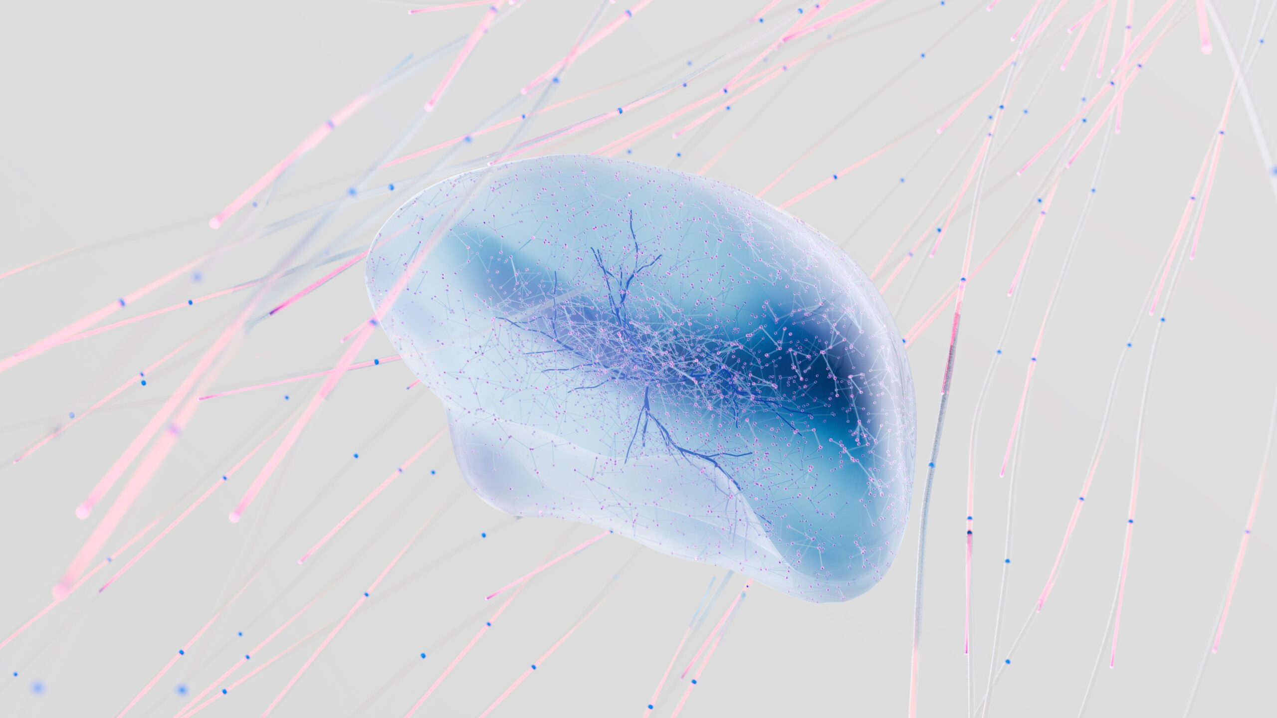 Red neuronal abstracta en 3D que representa la comunicación sináptica y las conexiones cerebrales afectadas en la esquizofrenia.