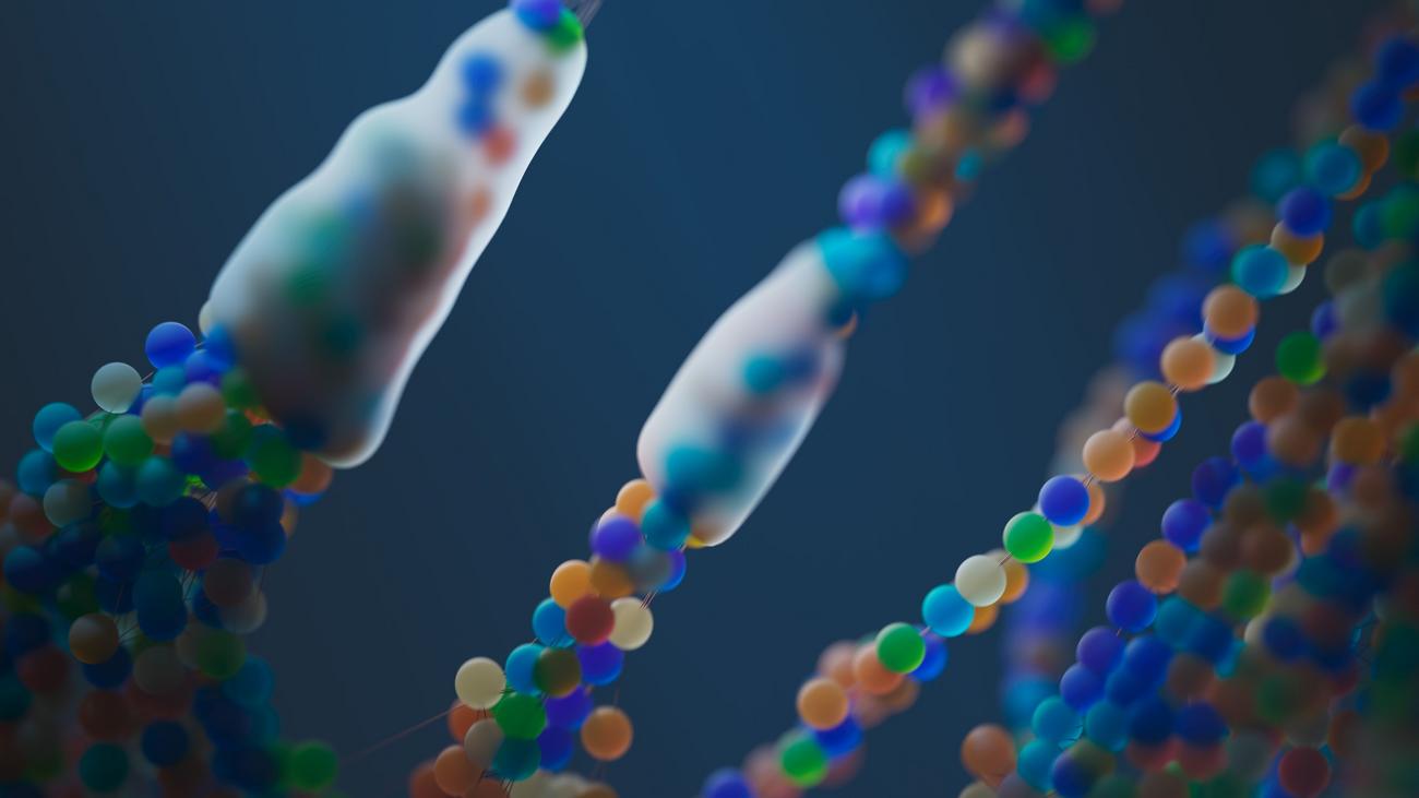 Representación abstracta y colorida de hebras de ADN, ilustrando los conceptos de genética y subtipos biológicos del autismo.