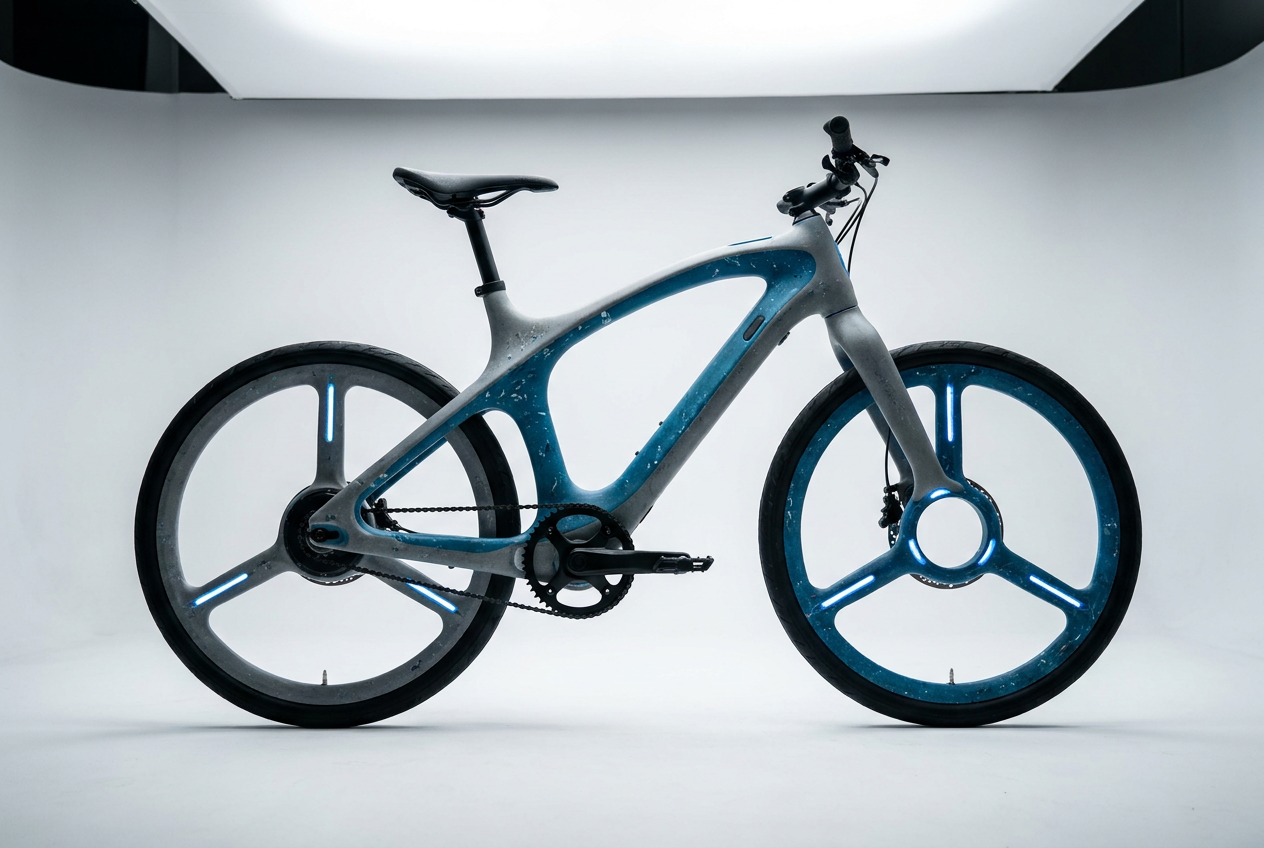 Bicicleta eléctrica futurista con cuadro fabricado en polímero de plástico reciclado en tonos gris mate y azul oceánico.