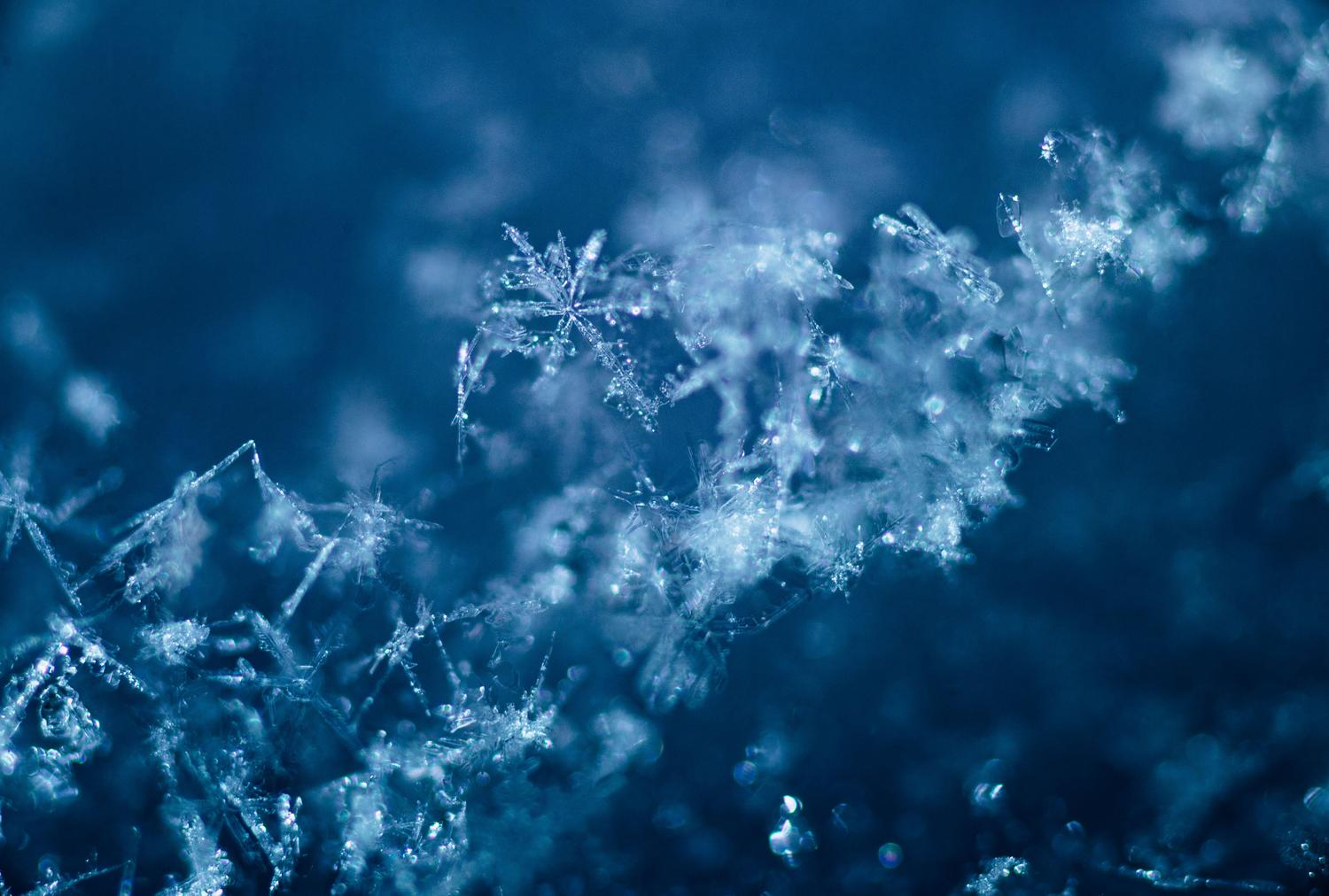 Primer plano artístico de cristales de hielo en tonos azules, ilustrando la formación de escarcha.