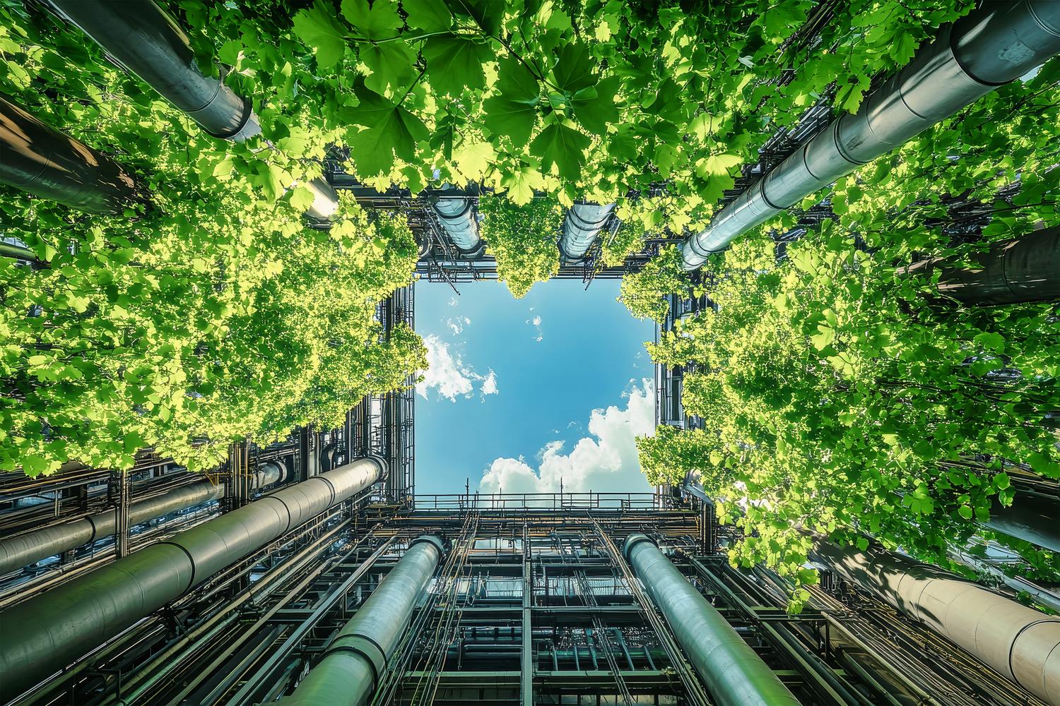 Fábrica industrial con diseño ecológico, tuberías de energía y follaje verde bajo un cielo despejado.
