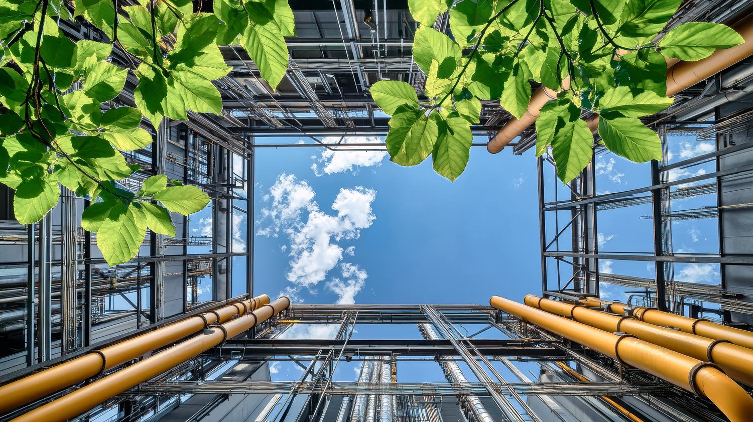Visión de armonía entre la industria química moderna y la naturaleza, con vegetación vibrante y cielo azul.