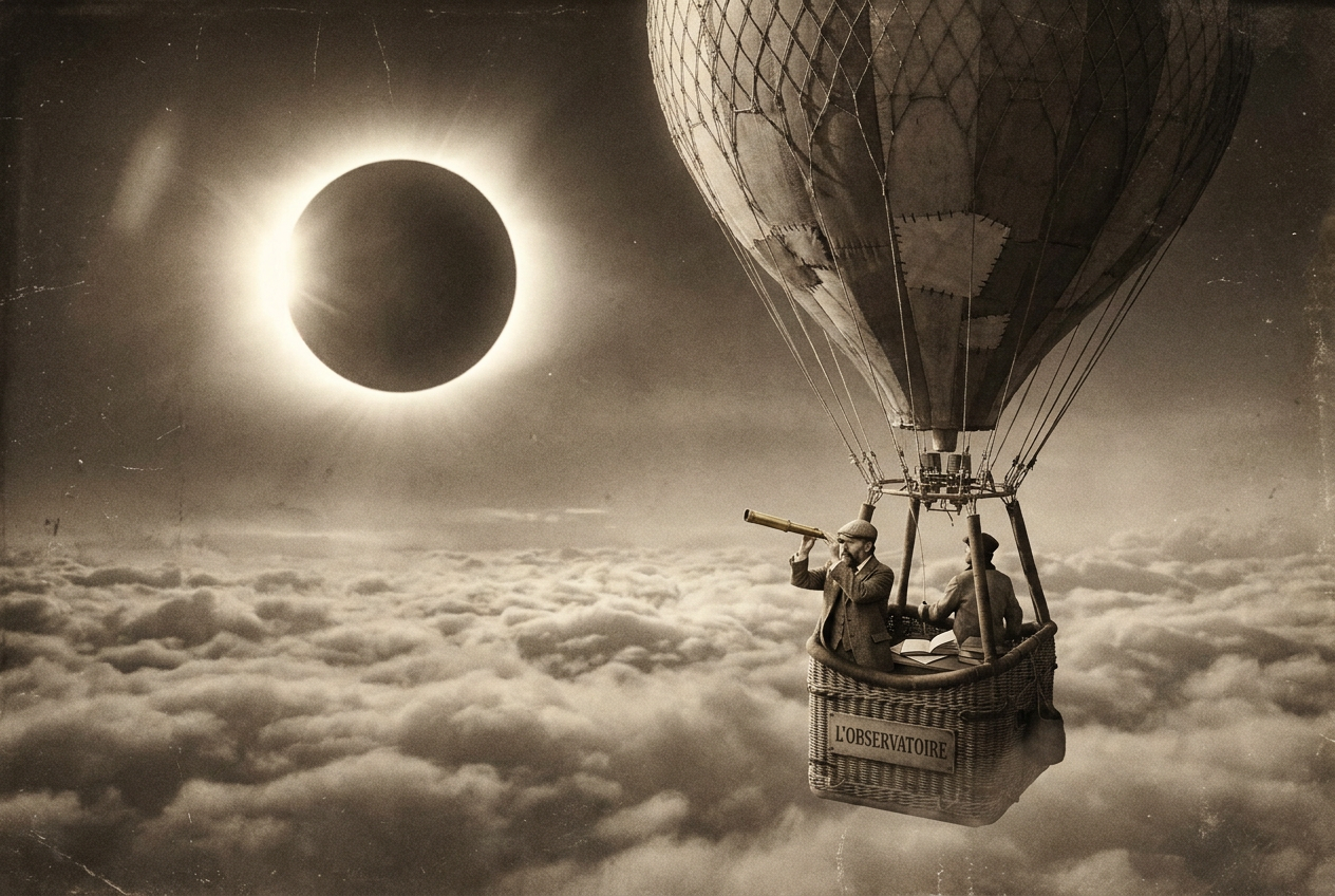 Representación histórica de un científico observando la corona solar desde un globo aerostático a principios del siglo XX.