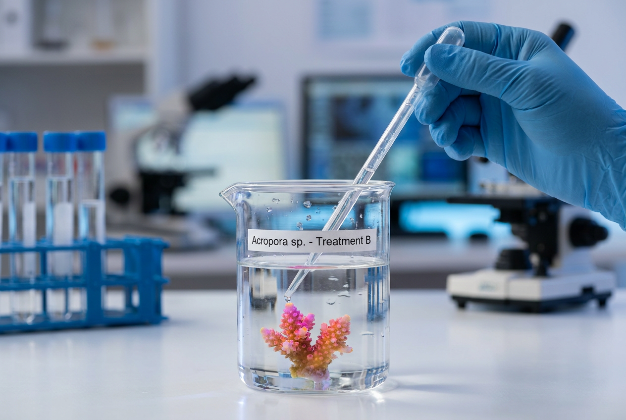 Científica tratando fragmentos de coral en un laboratorio marino para desarrollar especies termorresistentes.