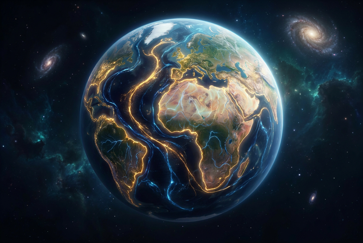 Representación artística del globo terráqueo donde las corrientes oceánicas actúan como el sistema circulatorio del planeta.