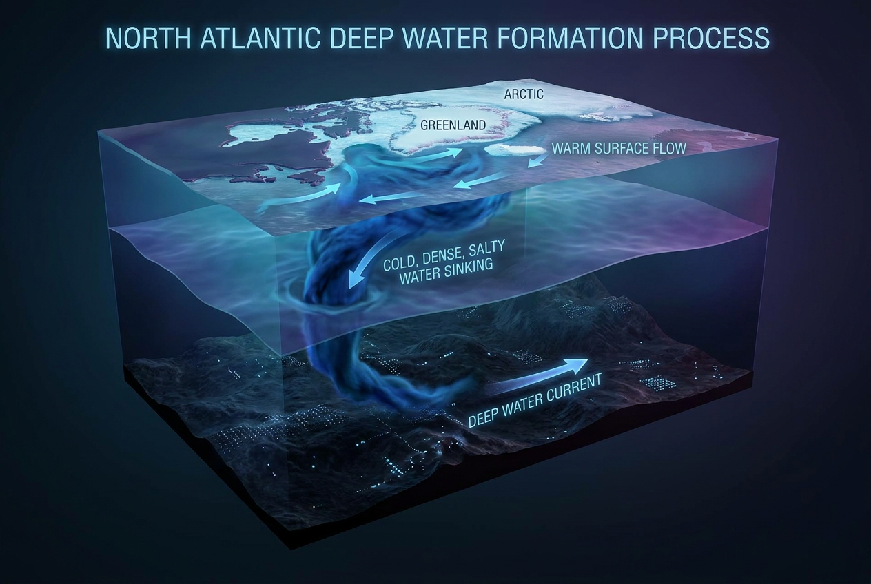 Ilustración científica de un corte transversal del océano mostrando el proceso de hundimiento del agua fría y salada en las regiones polares.