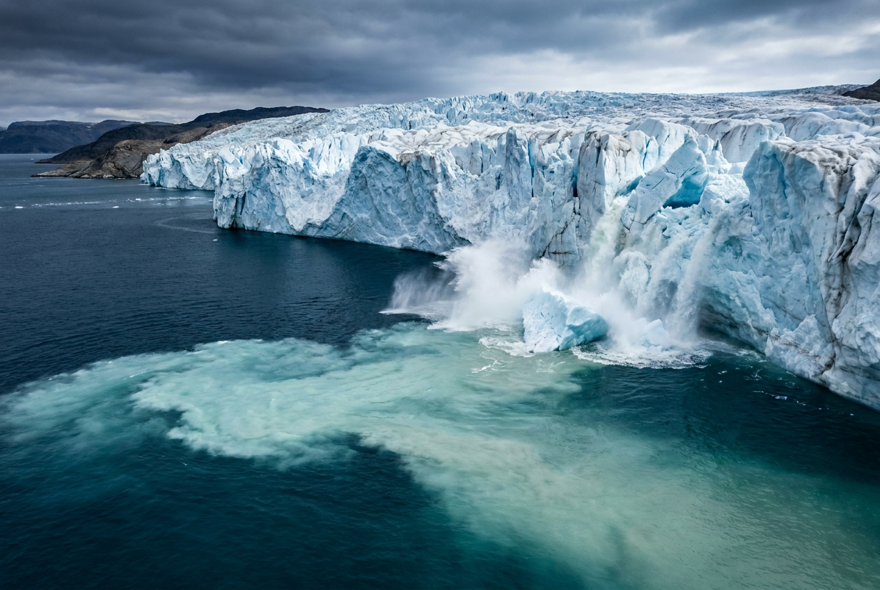 Fotografía realista de un glaciar derritiéndose en el Ártico, vertiendo agua dulce al océano y alterando la densidad del agua. Fotografía realista de un glaciar derritiéndose en el Ártico, vertiendo agua dulce al océano y alterando la densidad del agua.