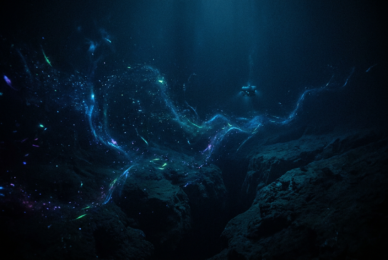Vista cinematográfica del abismo oceánico profundo donde fluyen corrientes invisibles representadas por partículas bioluminiscentes.