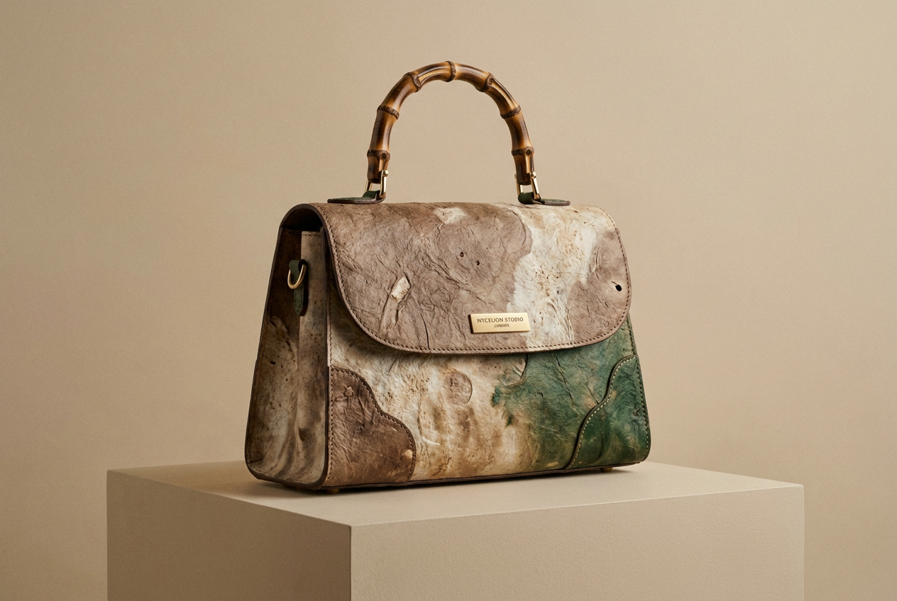 Bolso de lujo fabricado con cuero fúngico sostenible, tonos tierra, estilo minimalista y elegante.