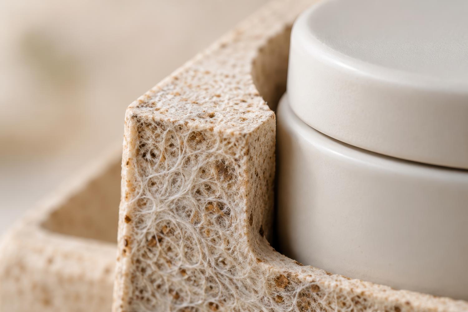Primer plano de un embalaje sostenible de micelio protegiendo un frasco de cosméticos, ejemplo de aplicación industrial biodegradable.