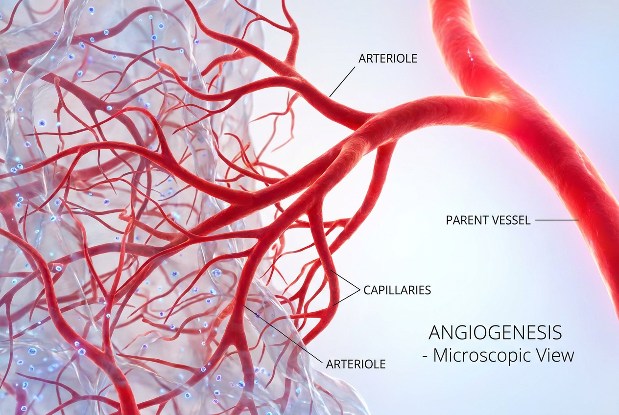 Ilustración médica detallada de la angiogénesis, mostrando la formación de nuevos vasos sanguíneos ramificándose desde un vaso existente hacia el tejido circundante.