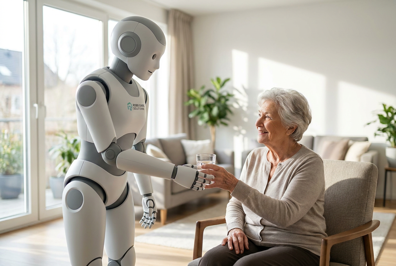 Robot humanoide asistiendo a una persona mayor en un salón moderno, entregándole un vaso de agua.