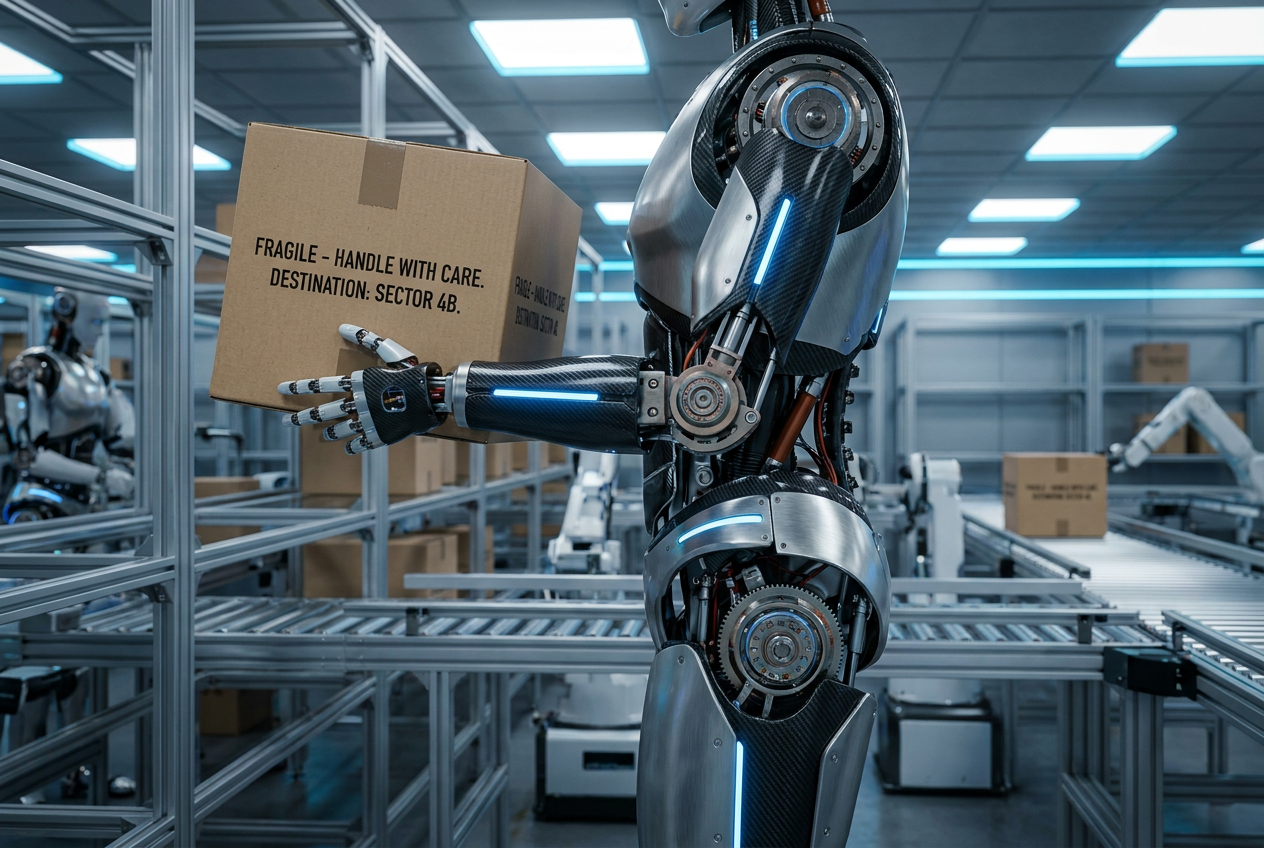 Robot humanoide trabajando en un almacén automatizado, manipulando cajas de mercancías.