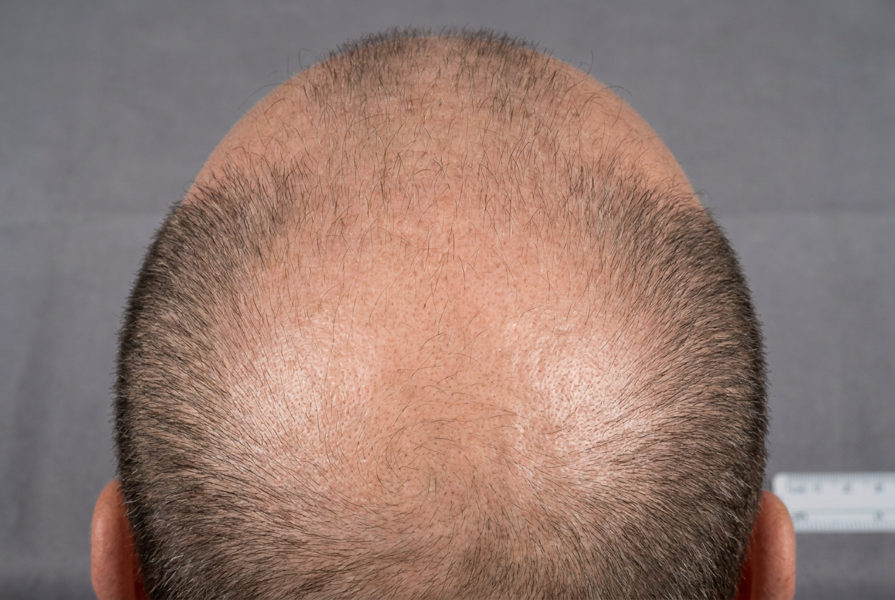 Fotografía médica realista del cuero cabelludo de un hombre mostrando alopecia androgénica en la coronilla, vinculada al riesgo de enfermedad coronaria.