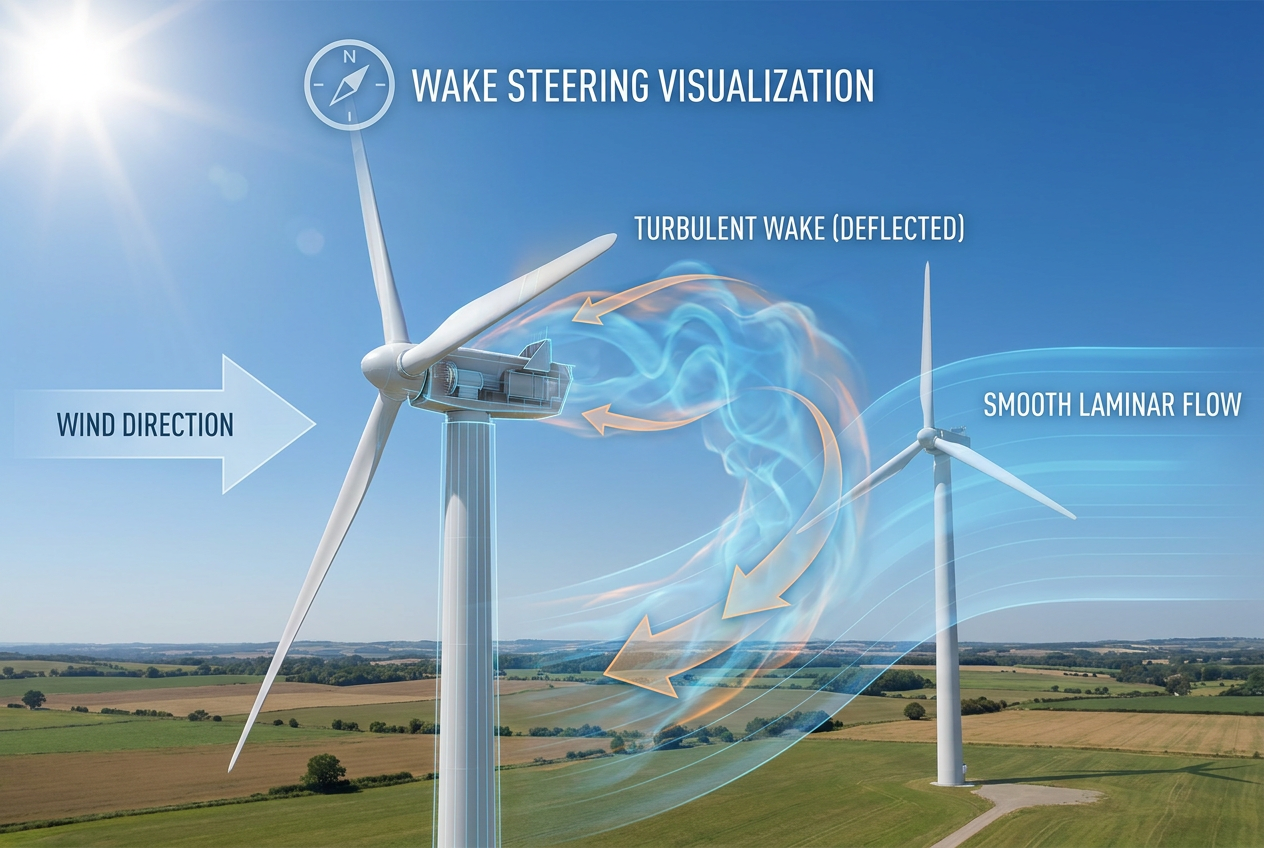Ilustración de la técnica de Wake Steering, donde la primera turbina desvía la estela de aire turbulento lateralmente para optimizar la producción de la turbina posterior.