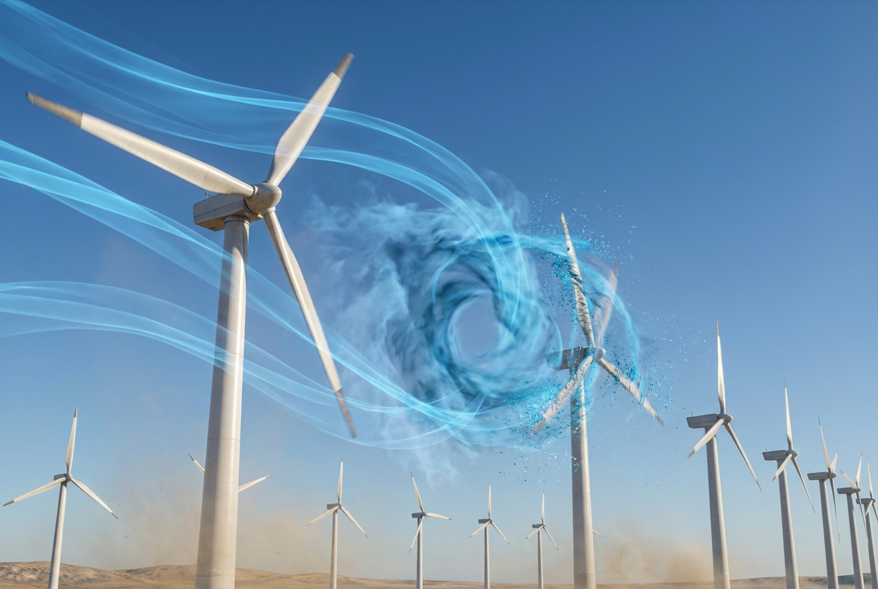 Visualización técnica en 3D del efecto estela en un parque eólico, mostrando el flujo de aire turbulento y caótico que sale de una turbina e impacta en la siguiente.