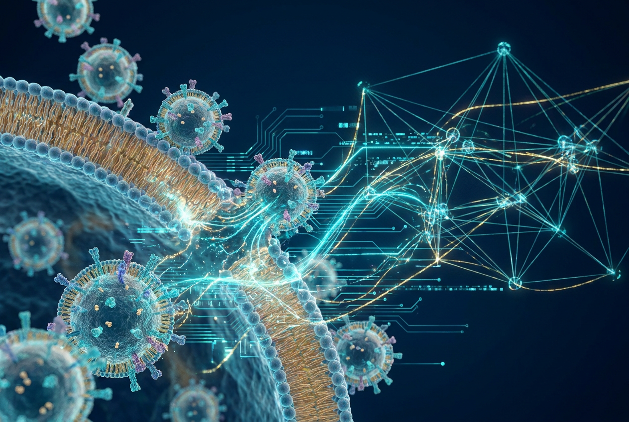 Concepto futurista de la integración de inteligencia artificial y biología molecular con redes de datos holográficas.