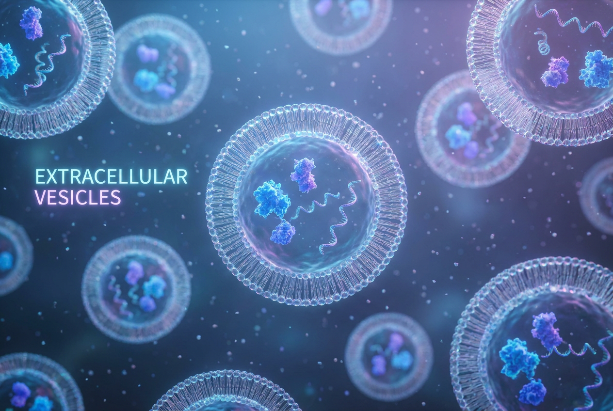 Visualización científica en 3D de vesículas extracelulares transportando carga molecular en un fluido biológico.