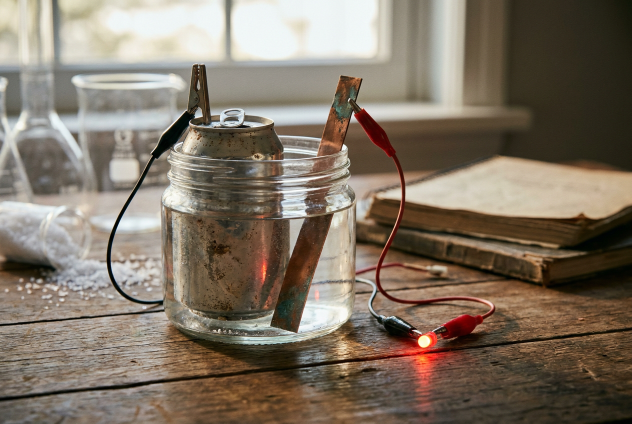 Experimento casero de batería fabricada con una lata de aluminio, cobre y un LED encendido
