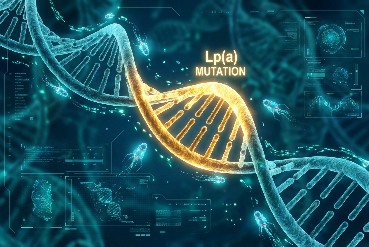 Renderizado 3D de una hélice de ADN con un segmento iluminado en dorado, representando la mutación genética del gen LPA.