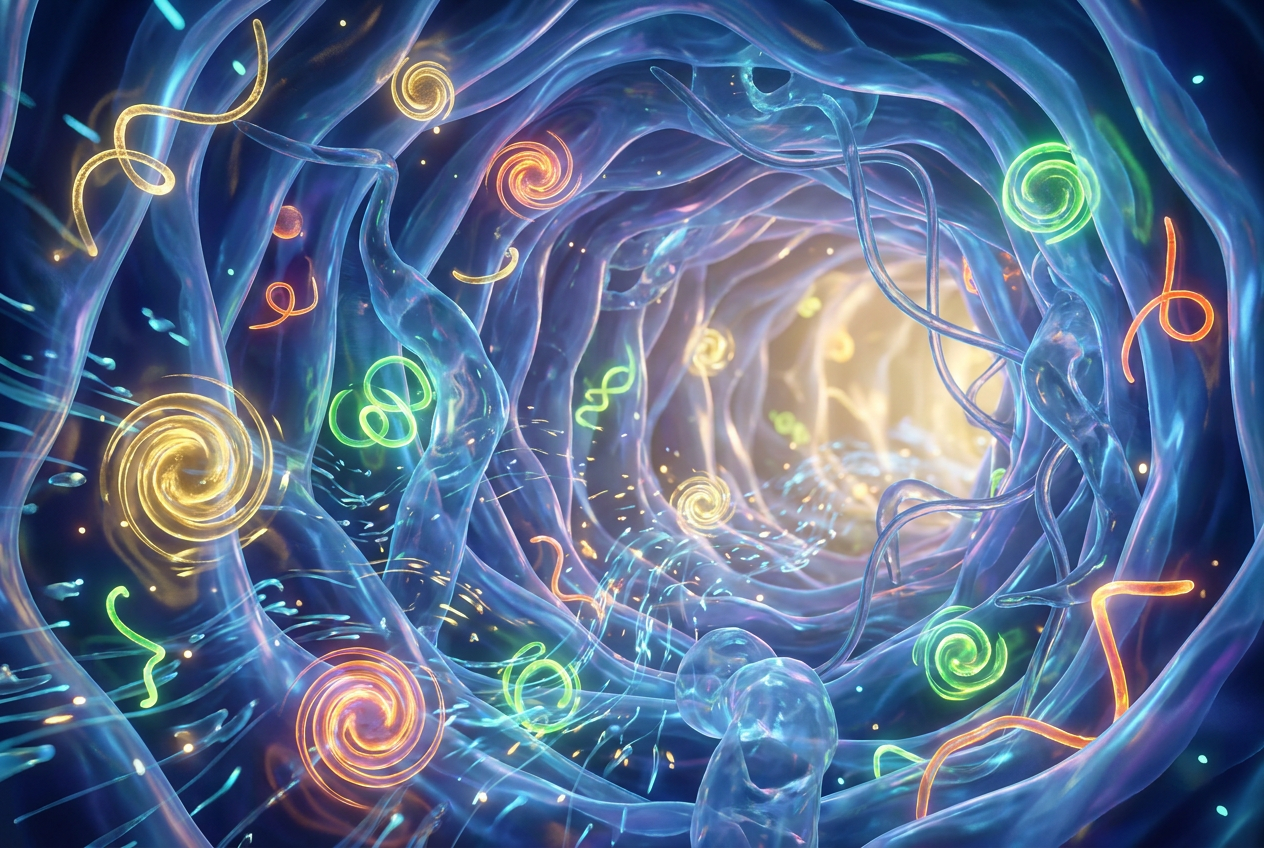 Representación conceptual en 3D del ecosistema de la microbiota intestinal con microorganismos beneficiosos iluminados.