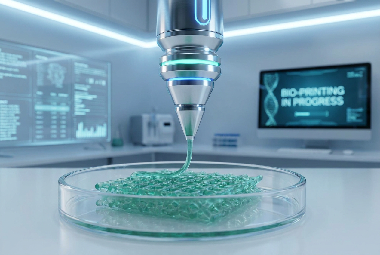 Boquilla de bioimpresora 3D extruyendo un hidrogel simbiótico bioactivo para la creación de estructuras biológicas.