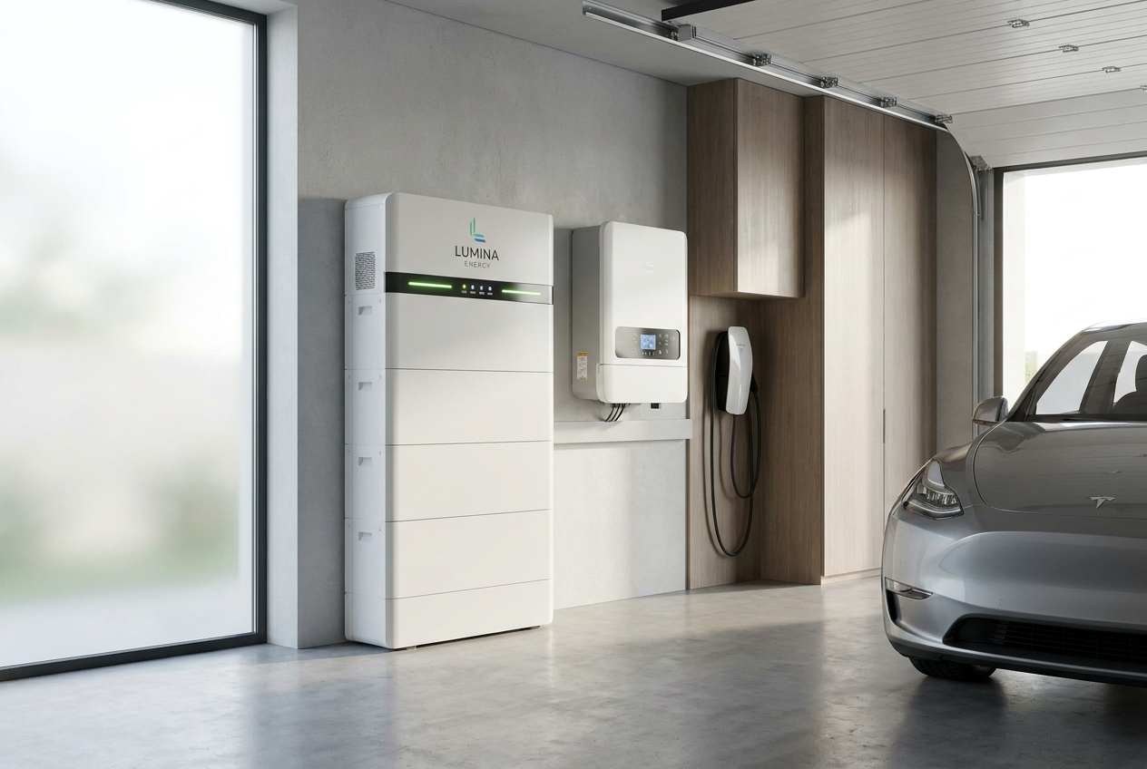 Sistema moderno de almacenamiento de energía residencial con batería de litio e inversor solar en un garaje, representando la solución al problema de la intermitencia y los excedentes.