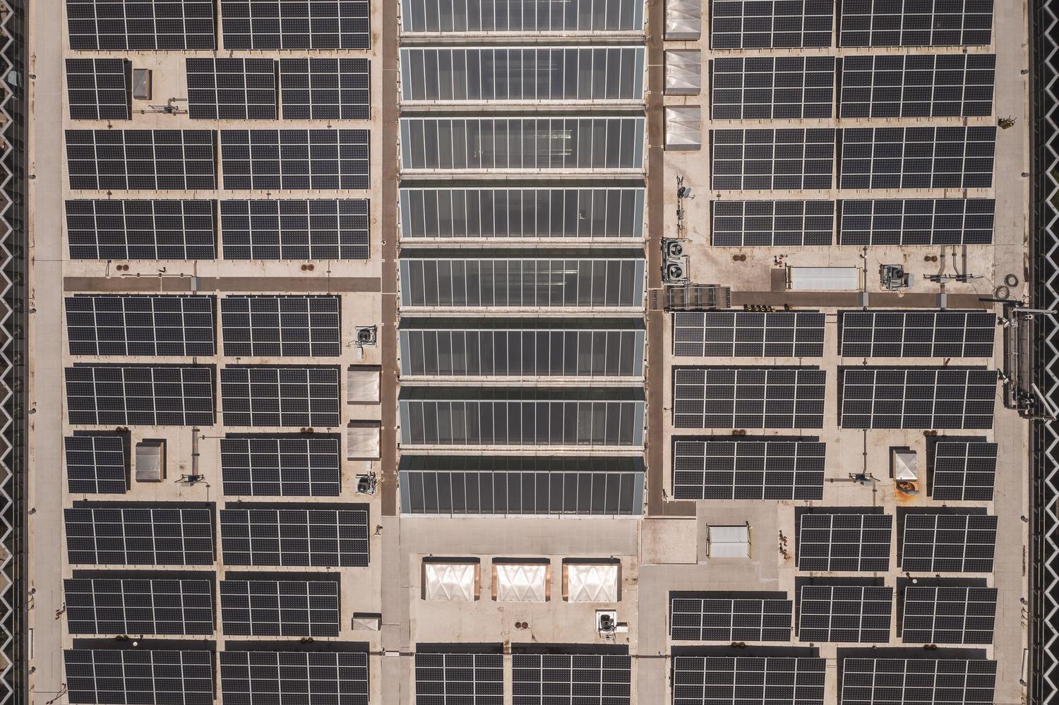Vista aérea de una instalación solar en el techo de un edificio industrial, destacando el impacto económico y el autoconsumo en el sector industrial.