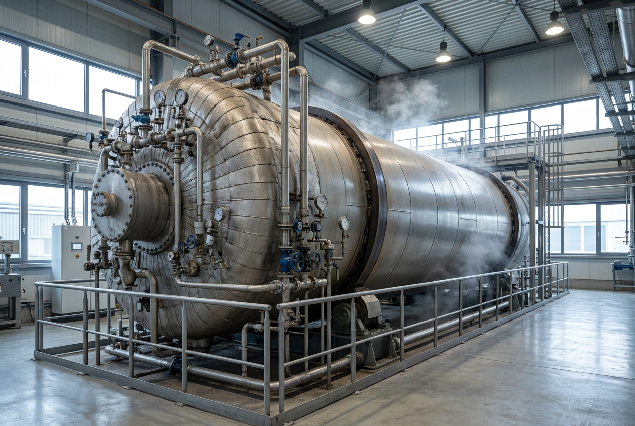 Reactor industrial rotatorio de pirólisis para el procesamiento de residuos plásticos en una planta química moderna.