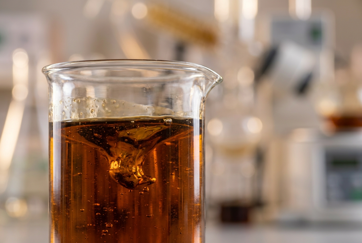 Detalle de aceite de pirólisis, un líquido industrial ámbar oscuro, en un vaso de precipitados de laboratorio.