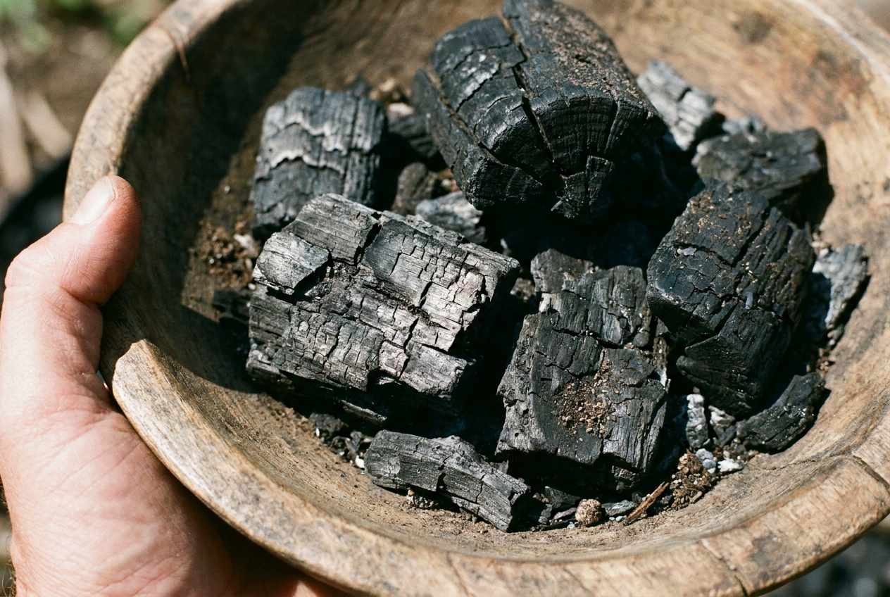 Muestra de biochar, sólido carbonoso negro y poroso resultado del proceso de pirólisis.