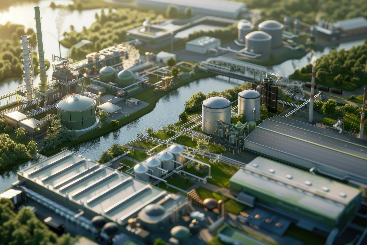 Planta industrial ecológica con tecnología verde sostenible y energía limpia en un entorno moderno.