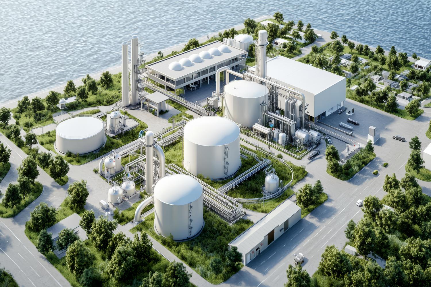 Infraestructura de almacenamiento de hidrógeno en una zona portuaria, representando el nodo logístico de la energía limpia.