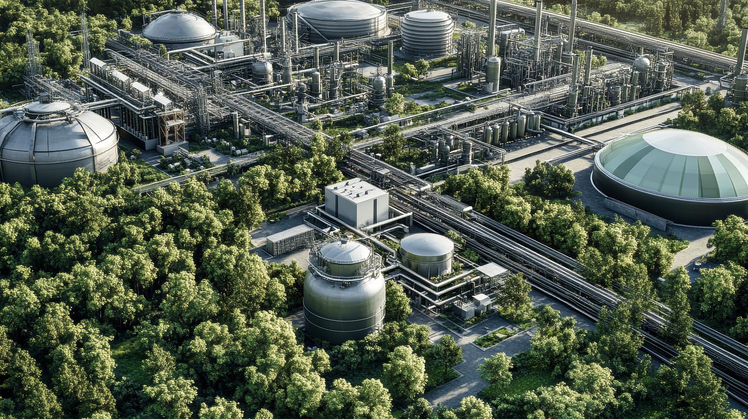 Vista aérea de un clúster industrial sostenible con tanques de energía y tuberías integradas en un entorno natural verde.