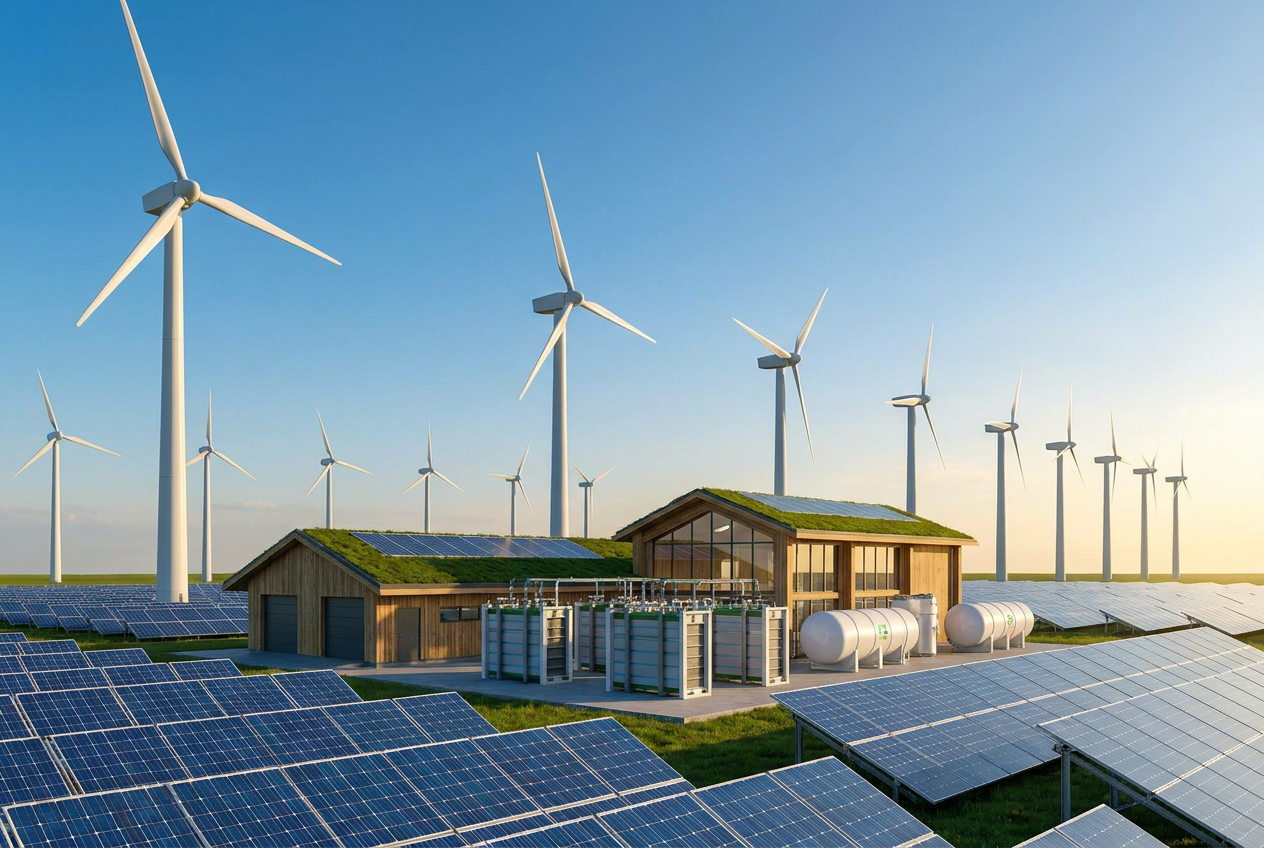 Representación hiperrealista de una planta de electrólisis de hidrógeno verde integrada con aerogeneradores y paneles solares bajo un cielo despejado.